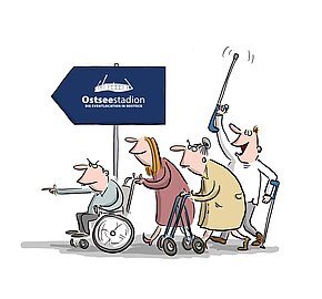 Cartoon mit Menschen mit Krückstock, Gehhilfe und Rollstuhl, die dem Schild "Ostseestadion" folgen.