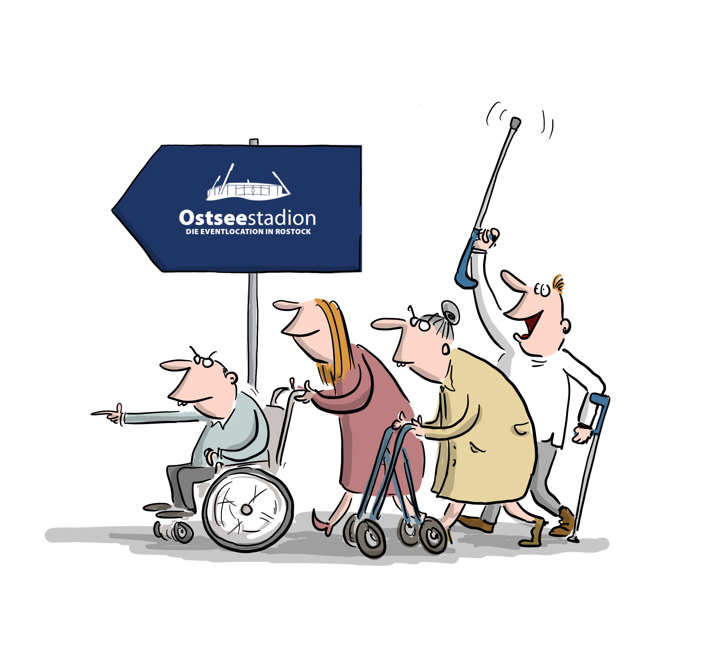 Messe Cartoon mit Menschen mit Krückstock, Gehhilfe und Rollstuhl, die dem Schild "Ostseestadion" folgen.
